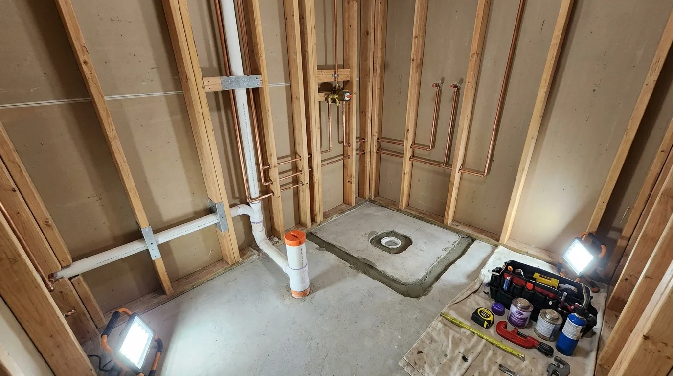 Bathroom rough-in plumbing during remodel by Johns Plumbing LLC in Chadbourn