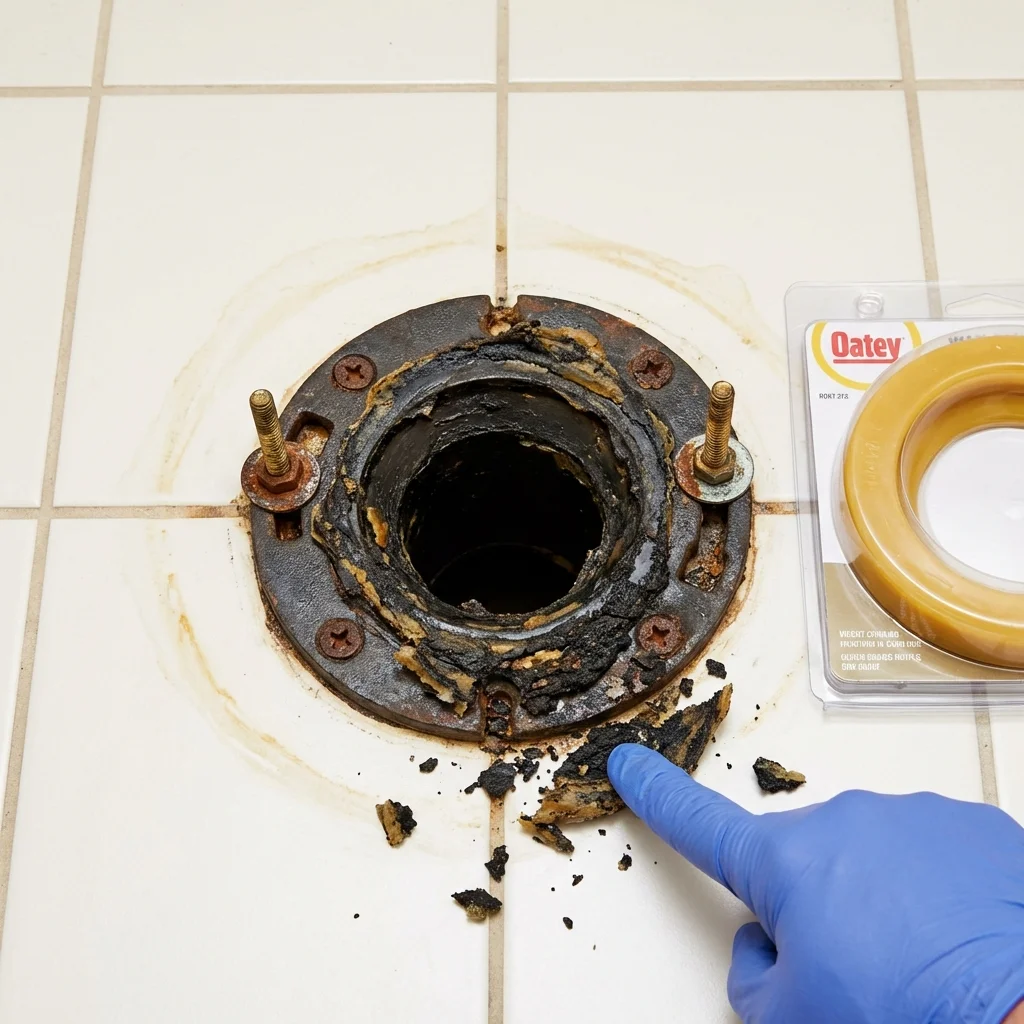 Failed wax ring showing water seepage at the base of a toilet in a Chadbourn, NC home